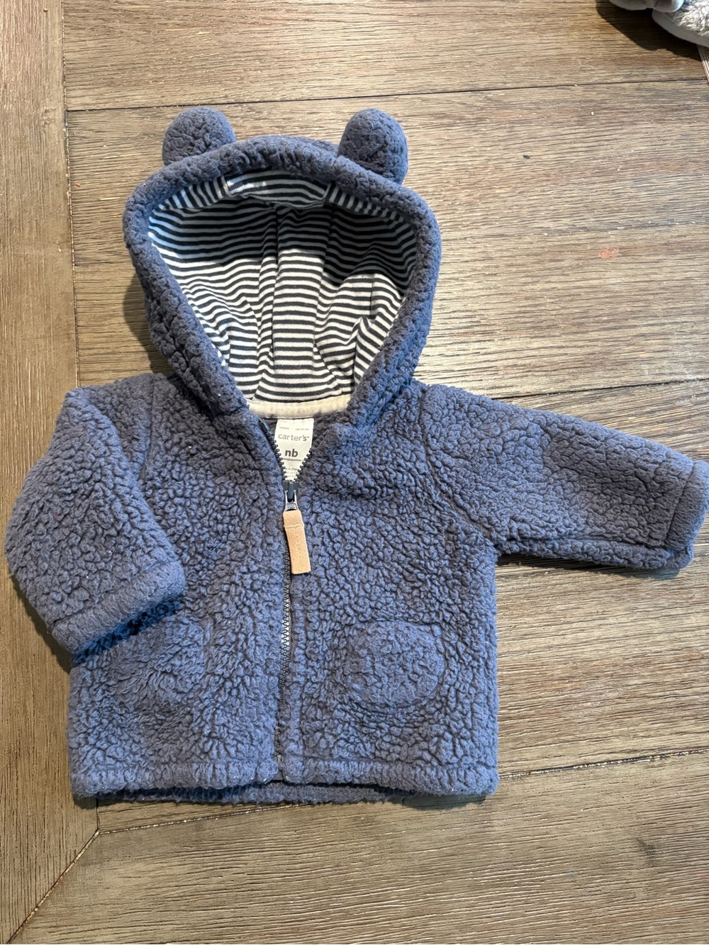 Carter's Baby Full Zip Blue Plush Hoodie with Bear Ears and Pockets- Size NB